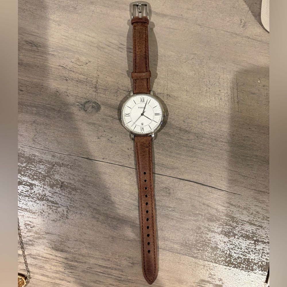 Fossil Silver Case Watch with Brown Leather Band
